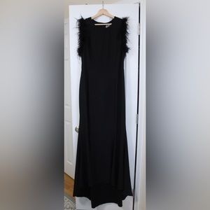 Feather trim open back fishtail maxi dress